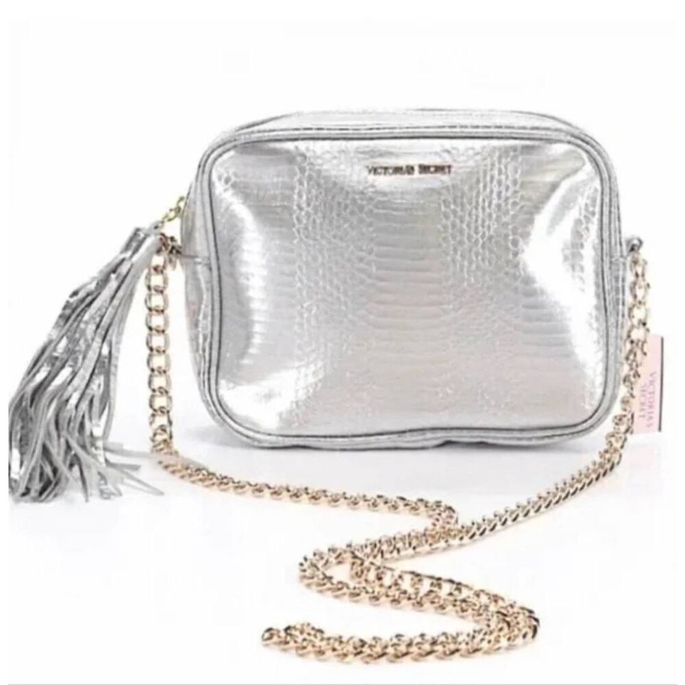 Victoria's Secret Silver Snake Crossbody Bag Purse Gold Chain Strap Tassel NEW